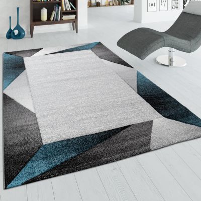 Modern Designer Rug in Grey Turquoise 3D Contour Cut Carpet Geometric Shapes Mat 