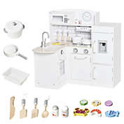 Qaba White Kids Kitchen Play Cooking Toy Set for Children with Drinking Fountain, Microwave, and Fridge with Accessories