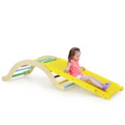 Gymax 3-in-1 Kids Climber Set Wooden Arch Triangle Rocker w/ Blue & Ramp Mat