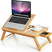 Costway-CA Bamboo Laptop Lap Tray with Adjustable Legs and Tilting Heat-dissipation Top-Natural