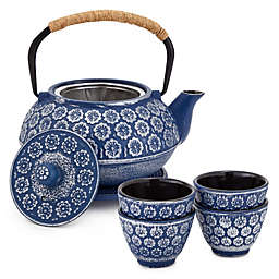 Juvale 6 Piece Set Japanese Cast Iron Teapot with Infuser, 4 Teacups, and Trivet (32 oz, Blue)