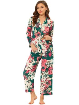 cheibear Women's Loungewear Pajamas Sets, Soft Satin Fabric Sleep Shirt Nightwear Sleepwear Lounge Satin Pajamas Sets, Green S