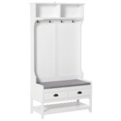 Halifax North America Coat Rack Stand Shoe Storage Bench Hall Tree Organizer with Hooks Shelves Drawers Padded Seat Cushion for Entryway Hallway, Foyer White