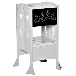 Qaba Kids Foldable Kitchen Step Stool with Chalkboard and Lockable Handrail for Children 3-6 Years Old, Grey