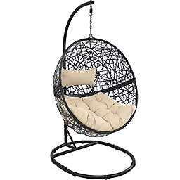 Sunnydaze Outdoor Resin Wicker Patio Jackson Hanging Basket Egg Chair Swing with Cushions, Headrest, and Steel Stand Set - Beige - 3pc
