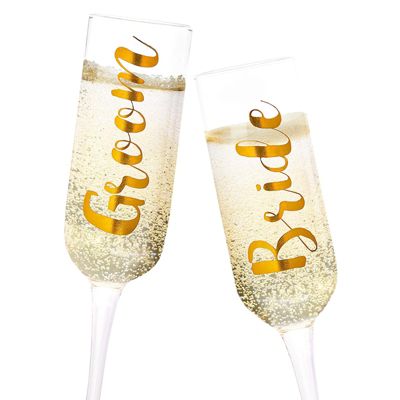 Blue Panda 2 Pack Gold Bride and Groom Champagne Flutes, Wedding Toasting Glasses (8 Ounces)
