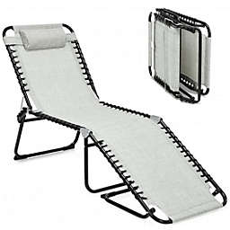 Costway-CA Folding Heightening Design Beach Lounge Chair with Pillow for Patio-Gray