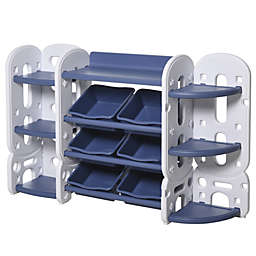 Halifax North America Childrens Toy Storage & Bin Organizer with 3 Separate Shelving Sections  7 Shelves  & 6 Removeable Bins  Blue