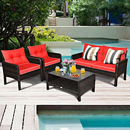 Costway 4 Pcs Outdoor Rattan Wicker Loveseat Furniture Set with Cushions-Red