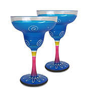 Crafted Creations Set of 2 Turquoise and Yellow Hand Painted Margarita Drinking Glasses 12 oz.