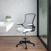Flash Furniture Kelista Mid-Back White Mesh Ergonomic Drafting Chair with Adjustable Foot Ring and Flip-Up Arms