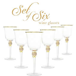 Berkware Rosè Wine Glass with Rhinestone Design and Gold Rim Set of 6