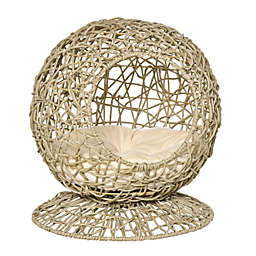 PawHut Rattan Elevated Cat Bed Kitty Ball with Comfortable Soft Cushion, Wicker Construction and Round Base, Brown