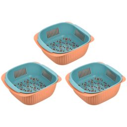 Unique Bargains Fruit and Vegetable Colander Strainer Basket 3 Pieces, Plastic Double-Layer Fruits Vegetable Washing Basket, Drain Bowls for Cleaning Washing-Blue Orange