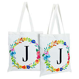 Okuna Outpost Set of 2 Reusable Monogram Letter J Personalized Canvas Tote Bags for Women, Floral Design (29 Inches)