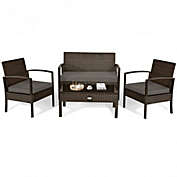 Costway 4 Pieces Patio Rattan Cushioned Furniture Set with Loveseat and Table -Brown