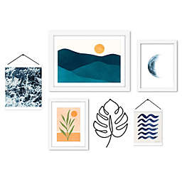 Americanflat - 6 Piece White Framed Multimedia Gallery Wall Art Set Blue Ocean Waves and Leaves