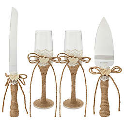 Juvale 4 Piece Rustic Wedding Cake Knife and Server Set with Champagne Glasses for Bride and Groom, Country Theme