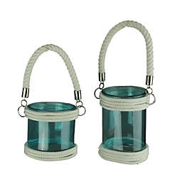 PD Home & Garden Blue Glass Coastal Candle Lanterns with White Rope Handle Set of 2