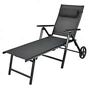 Costway Patio Lounge Chair with Wheels Neck Pillow Aluminum Frame Adjustable-Gray