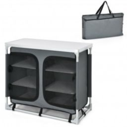 Costway Portable Camping Kitchen Table with Storage Shelves-Gray