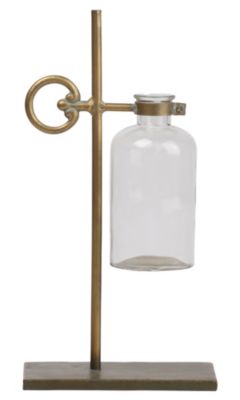 Urban Trends Collection Metal Bud Vase Holder with Side Round Handle and Suspended Glass Bottle Vase on Rectangle Base Metallic Finish Gold
