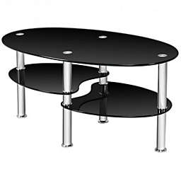 Costway Tempered Glass Oval Side Coffee Table-Black