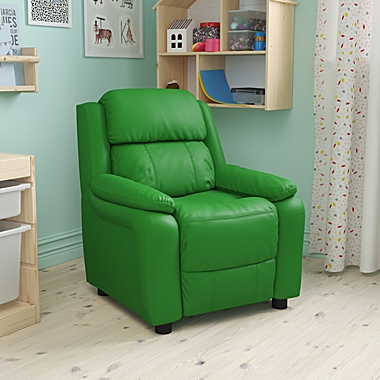 Flash Furniture Charlie Deluxe Padded Contemporary Green Vinyl Kids Recliner with Storage Arms. View a larger version of this product image.