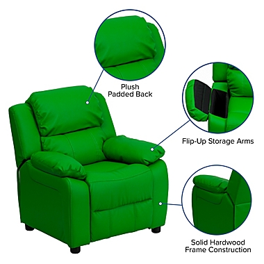 Flash Furniture Charlie Deluxe Padded Contemporary Green Vinyl Kids Recliner with Storage Arms. View a larger version of this product image.