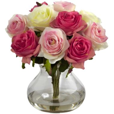 Nearly Natural 11" Pink and White Artificial Rose Arrangement with Decorative Vase. View a larger version of this product image.