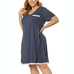Agnes Orinda Women's Plus Size Nightgown Polka Dots Short Sleeve Pajamas Nightgowns, Leisure Polyester Round Neck Baby doll Sleepwear Cami Dress, 2X Navy Blue