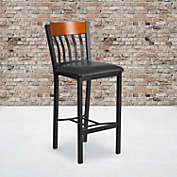 Emma + Oliver Vertical Back Metal & Cherry Wood Barstool with Vinyl Seat