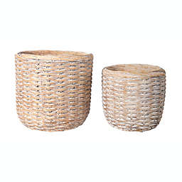 Urban Trends Collection Terracotta Round Pot with Jute Rope Lip and Basket Weave Design Body Set of Two Washed Finish Amber