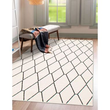 Chaudhary Living 7.75' x 10' White and Navy Blue Diamond Pattern Rectangular Area Throw Rug. View a larger version of this product image.