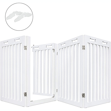 Arf Pets Freestanding Wood Dog Gate with Walk Through Door, Expands Up to 80&quot; Wide, 31.5&quot; High - Bonus Set of Foot Supporters. View a larger version of this product image.