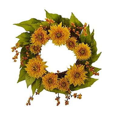 Nearly Natural 4904 Golden Sunflower Wreath, 22-Inch, Yellow. View a larger version of this product image.