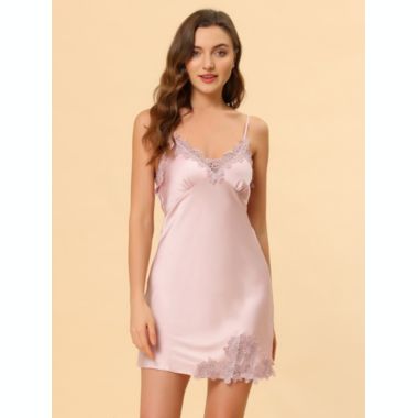 Allegra K Women's Satin Pajama Lounge Sleepwear Cami Dress Spaghetti Strap Nightgown, 100% Polyester Sleepwear Sleep Shirt Nightdress Regular Fit Gown Dress, Small Pink. View a larger version of this product image.