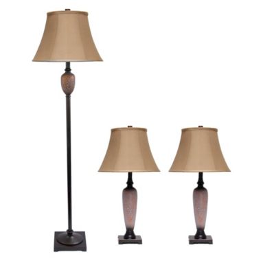 Lalia Home Homely Traditional Valdivian 3 Piece Metal Lamp Set (2 Table Lamps, 1 Floor Lamp) For Living Room, Bedroom, Home Decor With Light Brown Empire Fabric Shades And Hammered Bronze Finish. View a larger version of this product image.
