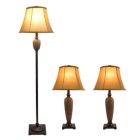 Alternate image 1 for Lalia Home Homely Traditional Valdivian 3 Piece Metal Lamp Set (2 Table Lamps, 1 Floor Lamp) For Living Room, Bedroom, Home Decor With Light Brown Empire Fabric Shades And Hammered Bronze Finish