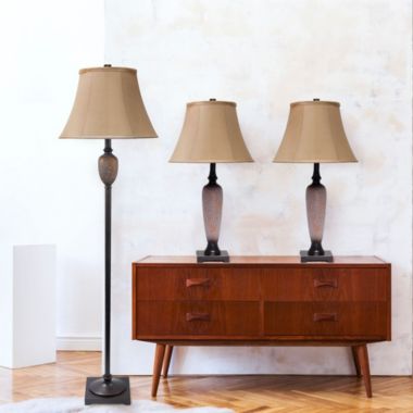 Lalia Home Homely Traditional Valdivian 3 Piece Metal Lamp Set (2 Table Lamps, 1 Floor Lamp) For Living Room, Bedroom, Home Decor With Light Brown Empire Fabric Shades And Hammered Bronze Finish. View a larger version of this product image.