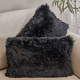 Cheer Collection  Shaggy Long Hair Throw Pillows - Super Soft and Plush Faux Fur Lumbar Accent Pillows - 12 x 20 - Set of 2 - Black