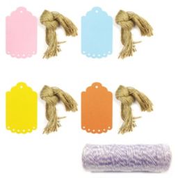 Wrapables 40 Gift Tags with Free Cut Strings, Large Scalloped Edge (Set of 4) + Cotton Baker's Twine / Lavender