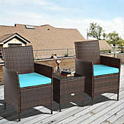 Costway 3Pcs Patio Rattan Furniture Set Cushioned Sofa and Glass Tabletop Deck-Blue