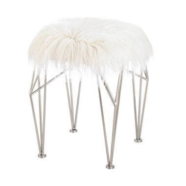 Actifo Silver Geometric Vanity Stool with White Faux Fur. View a larger version of this product image.