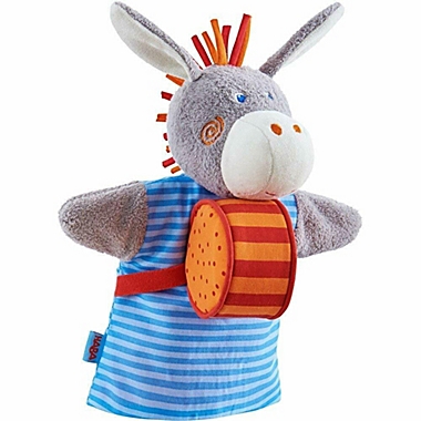 HABA Donkey Musical Glove Puppet with Rattling Drum. View a larger version of this product image.