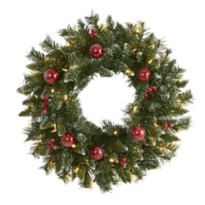Nearly Natural 24" Frosted Artificial Christmas Wreath with 50 Warm White LED Lights, Ornaments and Berries
