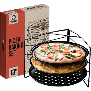 Chef Pomodoro Pizza Baking Set with 3 Pizza Pans and Pizza Rack, Non-stick Perforated Pizza Trays, for Oven, Grill, Barbeque (13-Inch Pans). View a larger version of this product image.