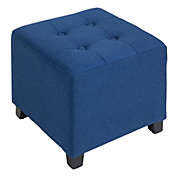 Halifax North America Tufted Ottoman Linen-Touch Fabric Upholstered Footrest Stool with Anti-Slip Pads, Blue