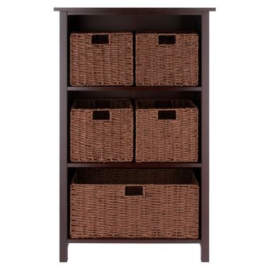 Milan 6-Pc Storage Shelf with 5 Foldable Woven Baskets, Walnut. View a larger version of this product image.