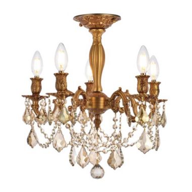 Elegant Lighting Rosalia 5 light French Gold Flush Mount Golden Teak (Smoky) Royal Cut Crystal. View a larger version of this product image.